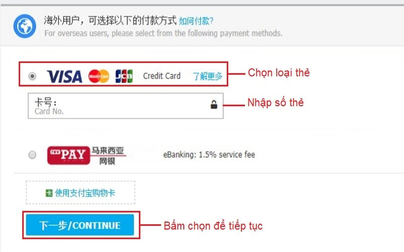 Nếu thanh toán bằng thẻ visa, chủ shop chọn mục thanh toán giao dịch qua thẻ thanh toán quốc tế.