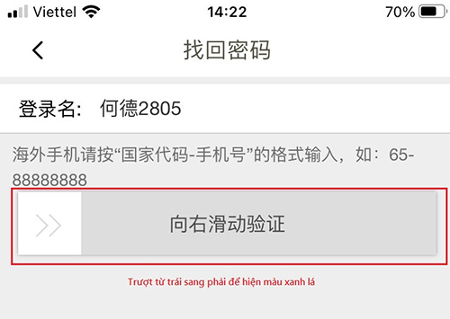  Bạn kéo trượt thanh sang bên phải để tiền hành bước lấy mã điện thoại