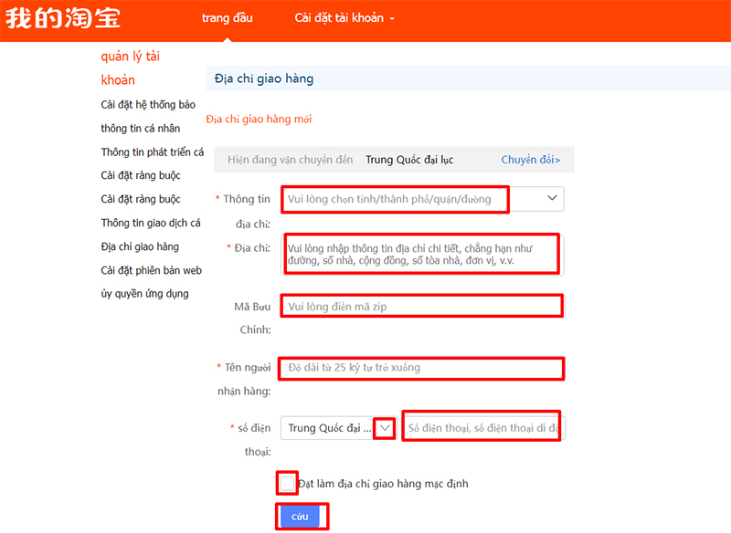  Tiếp đến, chủ shop sẽ tạo địa chỉ nhận hàng (địa chỉ nội địa Trung Quốc) theo hướng dẫn của hệ thống.