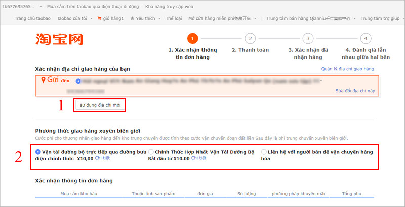 Chọn địa chỉ giao hàng, phương thức vận chuyển