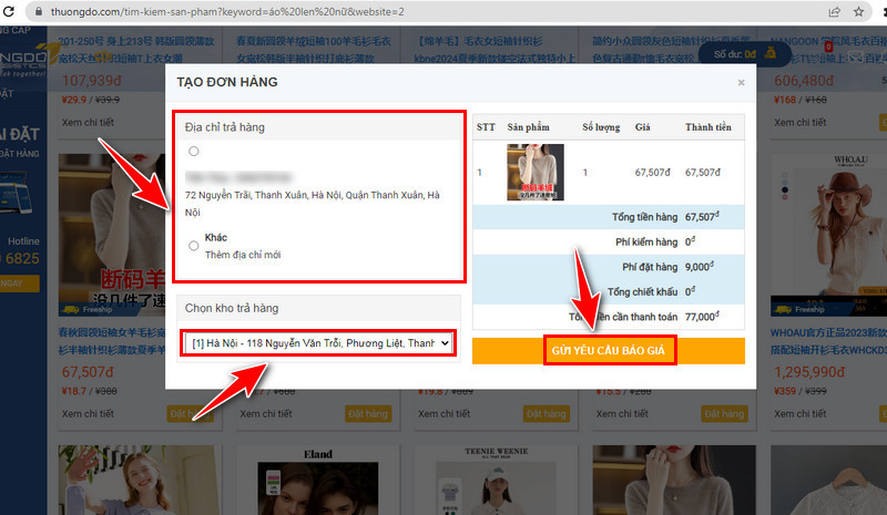 Chọn địa chỉ trả hàng và gửi yêu cầu báo giá
