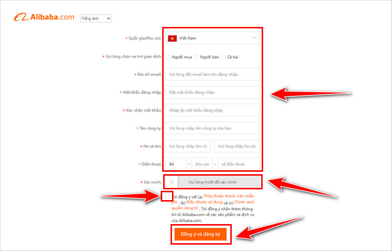Điền đầy đủ thông tin đăng ký tài khoản mua bán hàng trên Alibaba