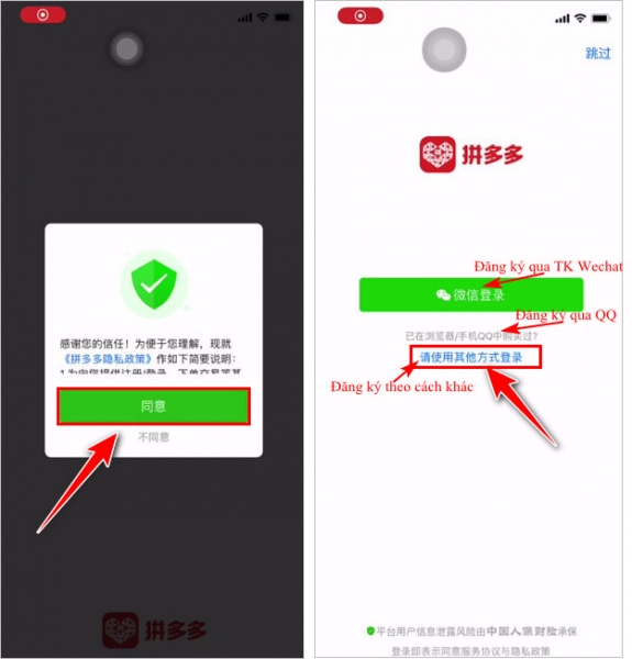Chọn cách đăng ký, đăng nhập vào Pinduoduo