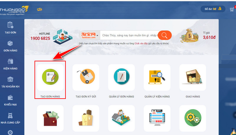  Chọn mục "Tạo đơn hàng" để tạo đơn