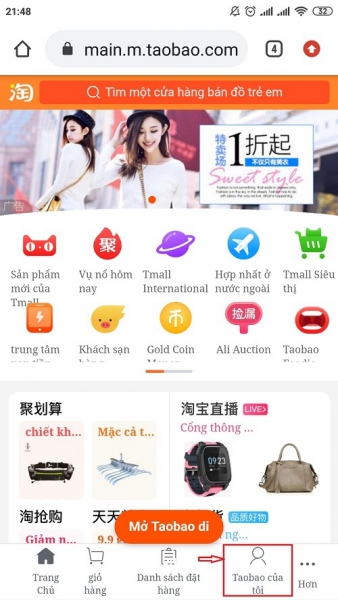 Chọn mục tài khoản Taobao của tôi