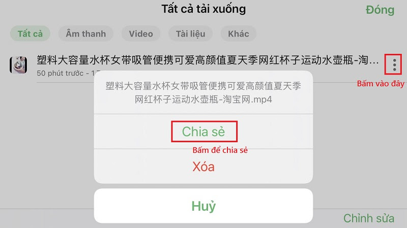 Bấm vào ô ba chấm, sau đó chọn “chia sẻ”