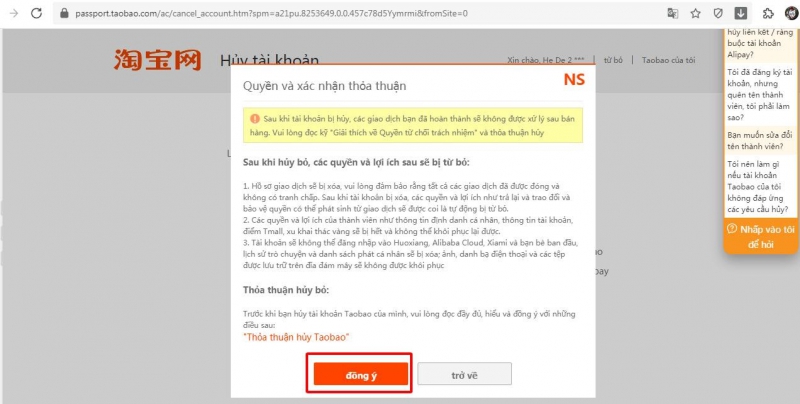 Click vào ô màu cam để chấp nhận điều khoản của Taobao