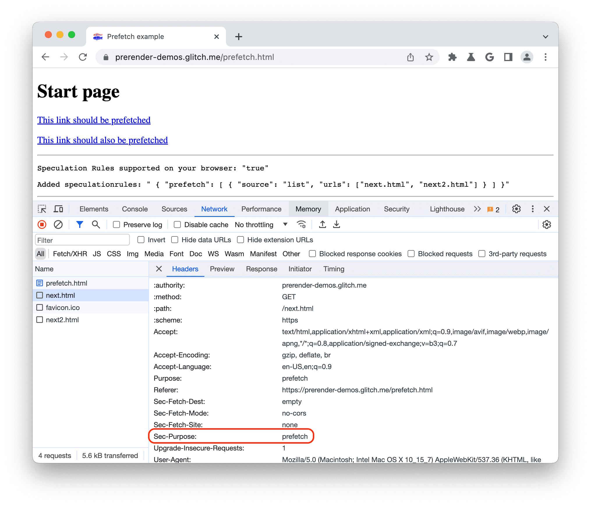 כותרות של אחסון מראש ב-Chrome DevTools עם Sec-Purpose שמוגדר לאחסון מראש