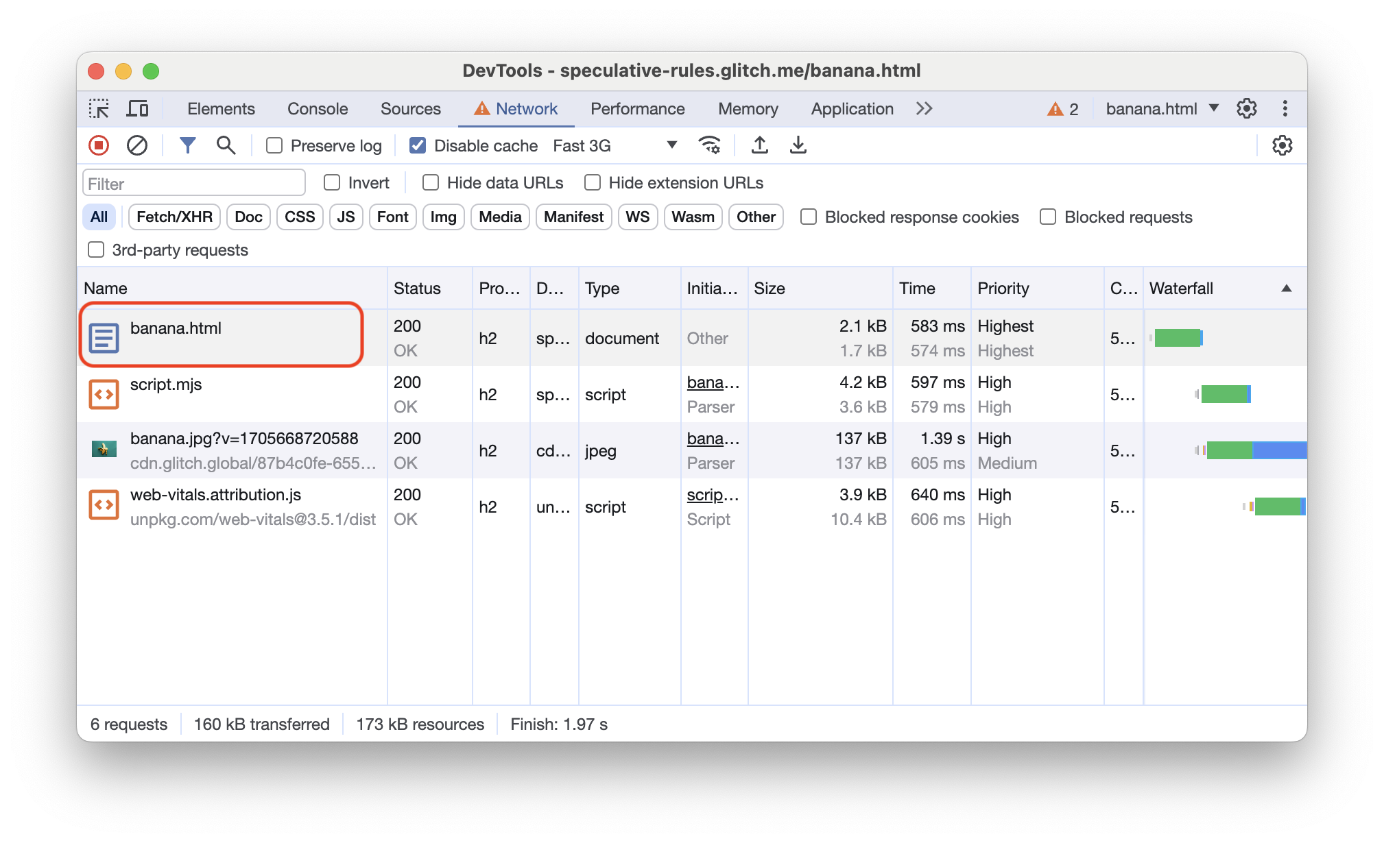 Панель Chrome DevTools Network, показывающая сетевые запросы для предварительно обработанной страницы.