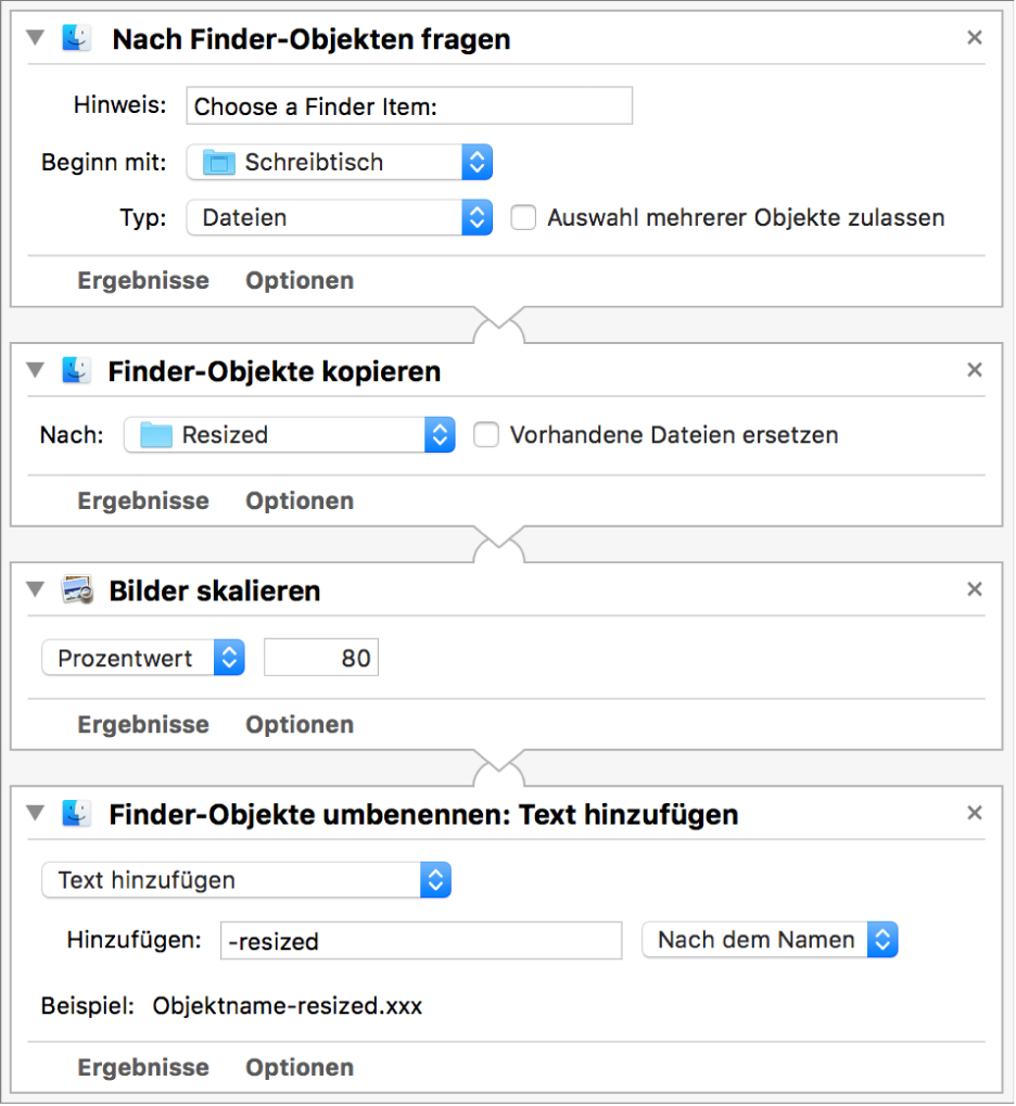 Ein Automator-Arbeitsablauf mit vier Aktionen