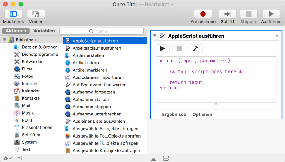 Das Automator-Fenster mit der Aktion AppleScript ausführen“