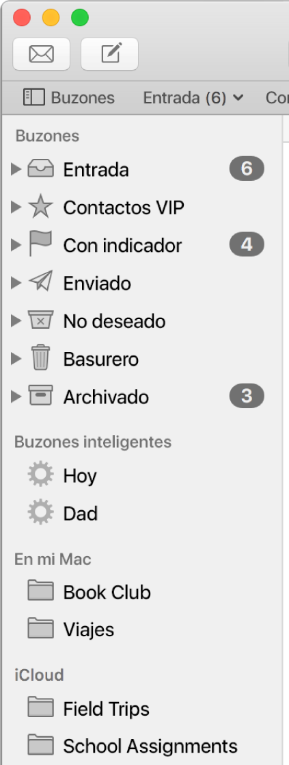 La barra lateral de Mail mostrando los buzones estándar (como Entrada y Borradores) en la parte superior de la barra lateral, y los buzones creados en las secciones “En mi Mac” y iCloud.