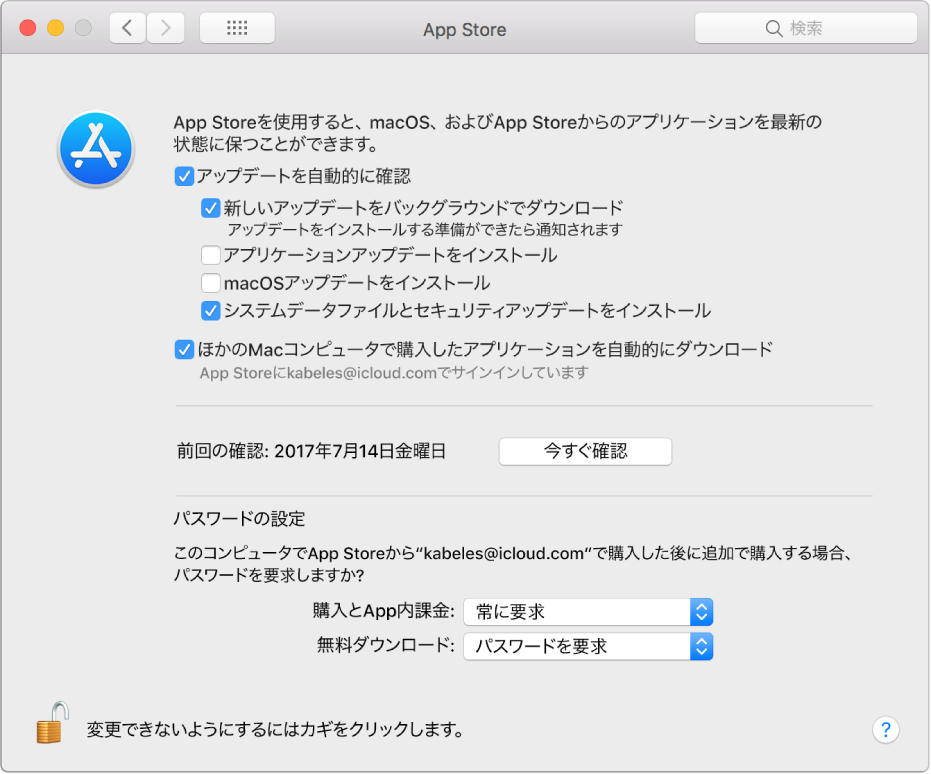 「App Store」環境設定のアップデートオプション。