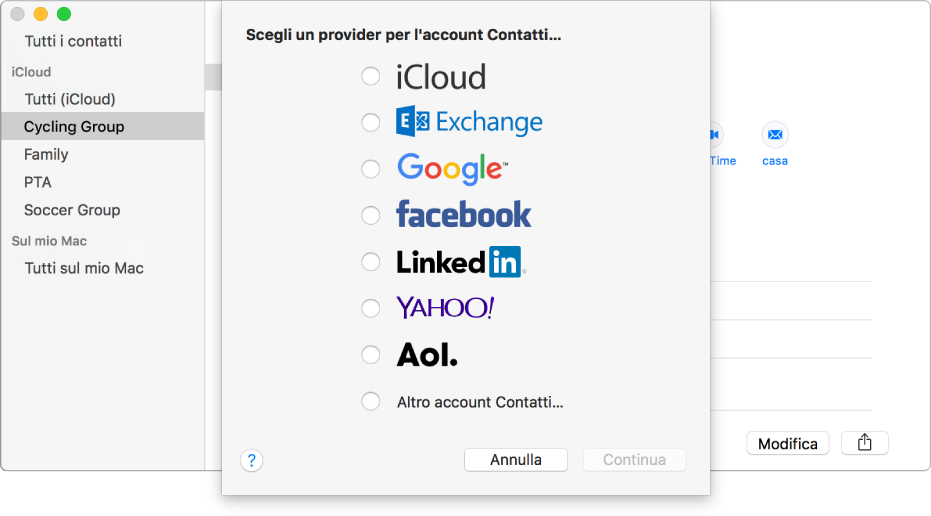 La finestra per aggiungere gli account Internet all'app Contatti.