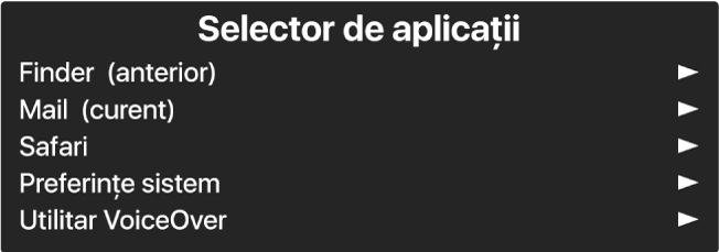 Selectorul de aplicații este un panou care afișează aplicațiile deschise în momentul respectiv. La dreapta fiecărui articol din listă apare o săgeată.