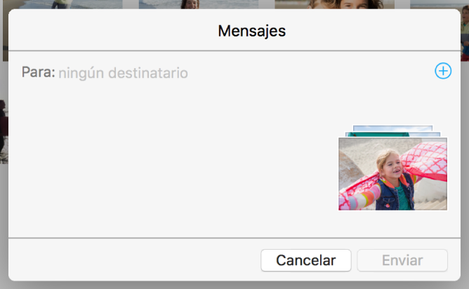 Un diálogo para agregar destinatarios al compartir fotos de la app Fotos mediante Mensajes.