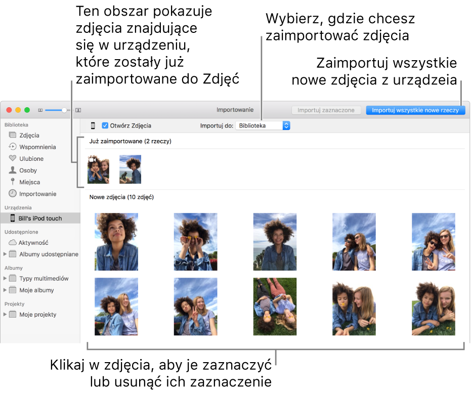 Zdjęcia już zaimportowane są widoczne na górze, natomiast nowe zdjęcia na tym urządzeniu są widoczne na dole. Na górze, po środku znajduje się menu podręczne Importuj do. Przycisk Importuj wszystkie nowe zdjęcia znajduje się w prawym górnym rogu okna.