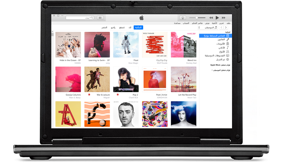 نافذة iTunes وبها مكتبة تضم عدة ألبومات.