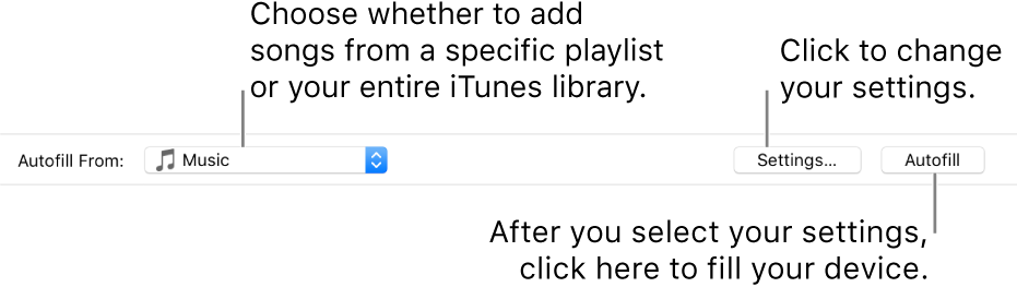 The Autofill options at the bottom of the Music pane. At the far left is the Autofill From pop-up menu, where you choose whether to add songs from a playlist or from your entire library. On the far right are two buttons—Settings, to change various Autofill options, and Autofill. When you click Autofill, your device fills with the songs fitting the criteria.