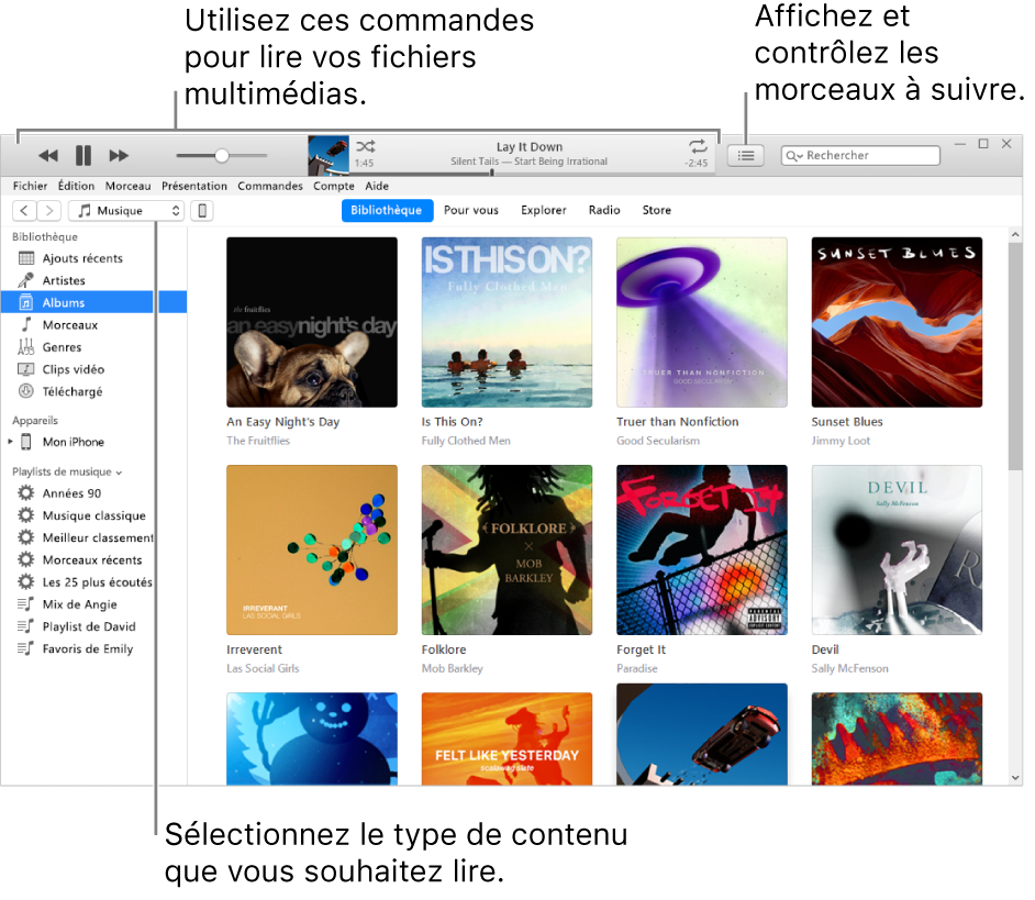 La fenêtre principale de la bibliothèque iTunes : Dans le navigateur, choisissez le type de contenus multimédias à lire (tel que Musique). Utilisez les commandes de la bannière située en haut pour lire votre contenu multimédia, et utilisez le menu local Liste d’attente sur la droite pour voir votre bibliothèque de différentes manières. 