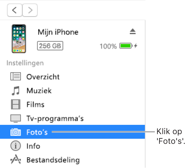 Het apparaatvenster met in de navigatiekolom aan de linkerkant 'Foto's' geselecteerd.
