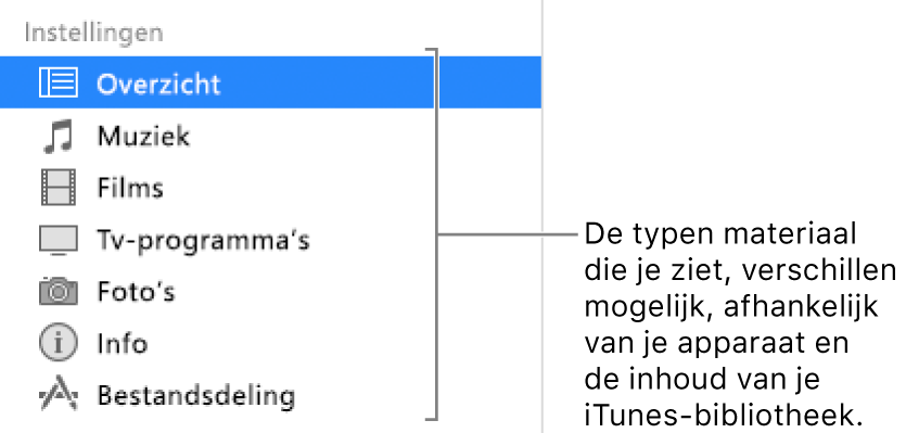 'Overzicht' is geselecteerd in de navigatiekolom aan de linkerkant. De typen materiaal die worden weergegeven, verschillen mogelijk, afhankelijk van je apparaat en de inhoud van je iTunes-bibliotheek.