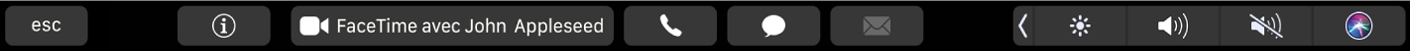 Touch Bar de FaceTime affichant des boutons pour obtenir des informations sur un contact, passer un appel vidéo ou audio, et envoyer un message ou un e-mail.