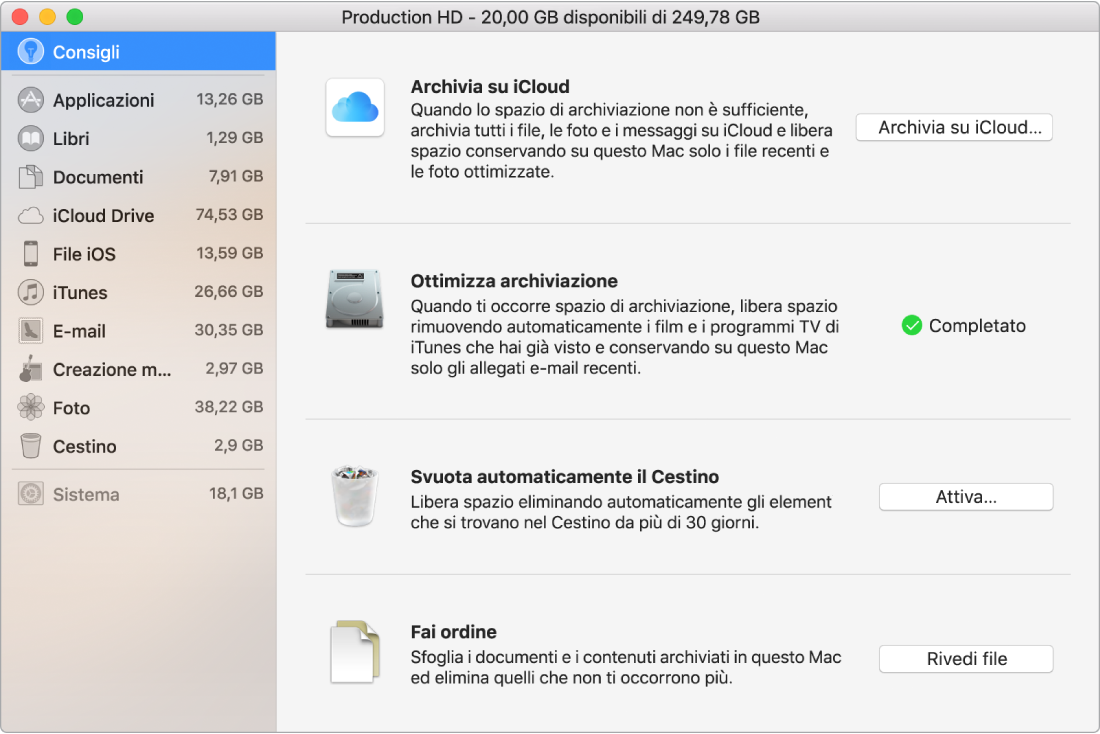 Le preferenze Consigli per l'archiviazione che mostrano le opzioni “Archivia su iCloud”, “Ottimizza archivio”, “Svuota automaticamente il Cestino” e “Fai ordine”.