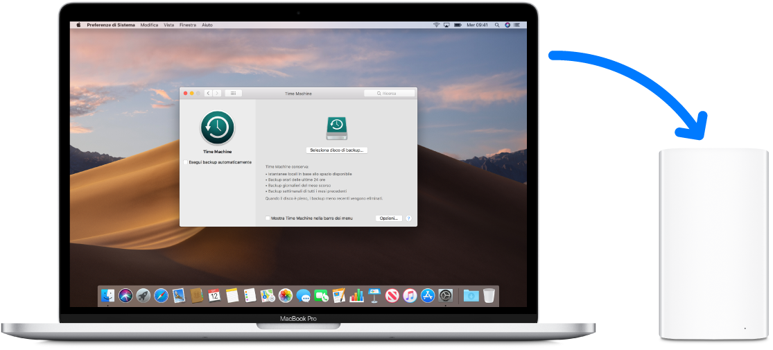 Lo schermo di MacBook Pro con la finestra del backup di Time Machine. MacBook Pro è collegato in modalità wireless a un dispositivo AirPort Time Capsule.