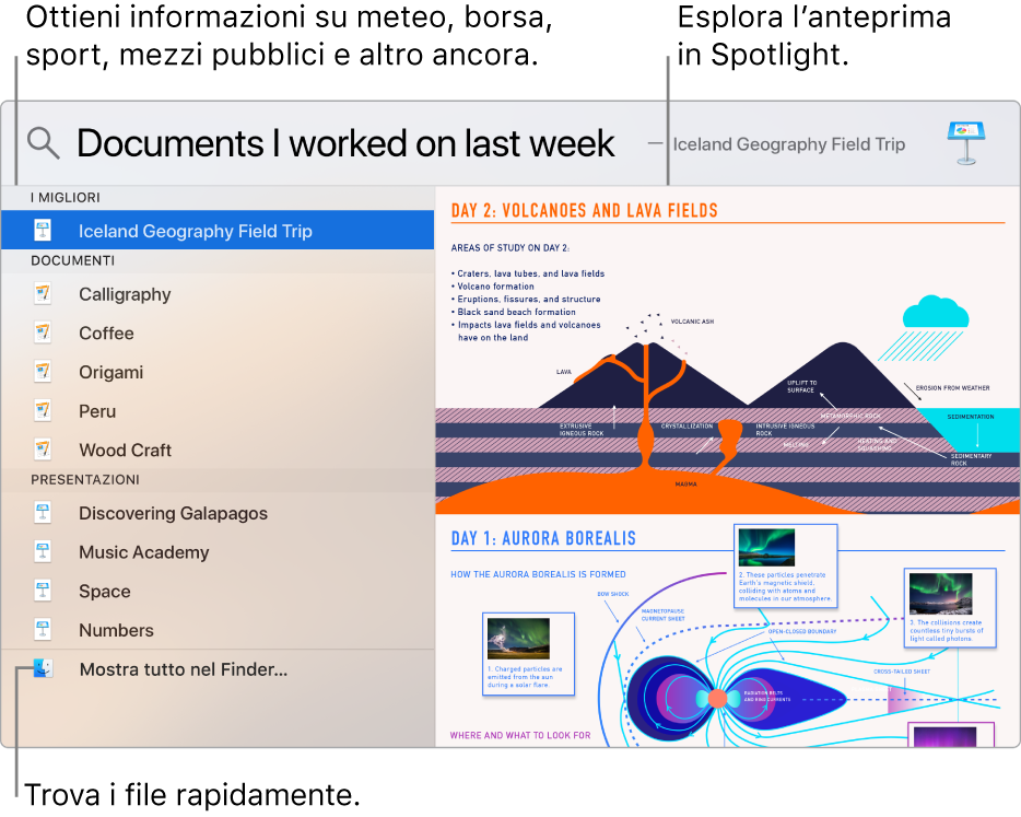 La finestra di Spotlight che mostra i risultati di ricerca a sinistra e un'anteprima a destra.