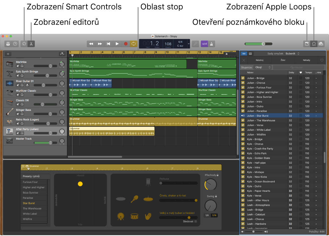 Okno GarageBandu s popisky tlačítek pro přístup k ovládacím prvkům Smart Controls, editorům, poznámkám a smyčkám Apple Loops. Jsou zde také vidět jednotlivé stopy skladby