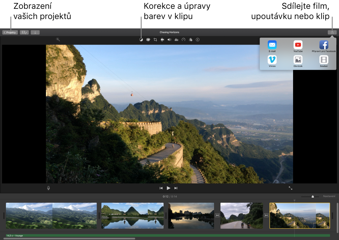 Okno iMovie s popisky tlačítek pro prohlížení projektů, korekci a úpravy barev a sdílení filmů, upoutávek či filmových klipů