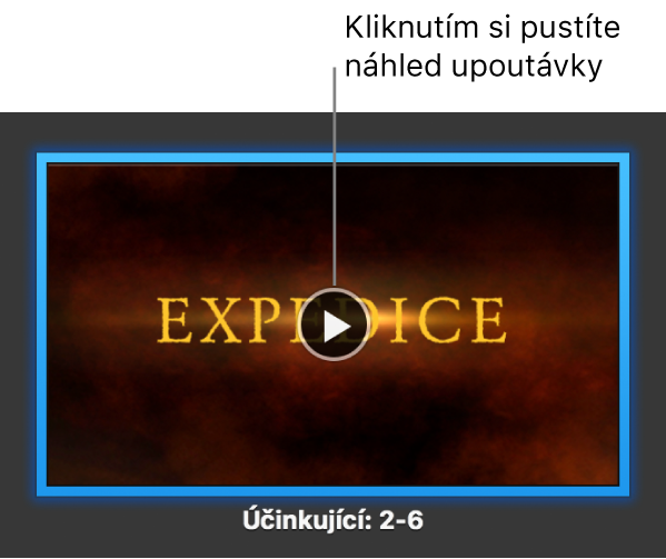 Obrazovka upoutávky v iMovie se zobrazeným tlačítkem Přehrát