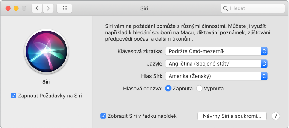 Okno předvoleb Siri s vybranou volbou „Zapnout Požadavky na Siri“ vlevo a s několika volbami přizpůsobení Siri na pravé straně