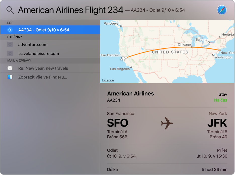 Okno Spotlightu s mapou a informacemi o vyhledaném letu