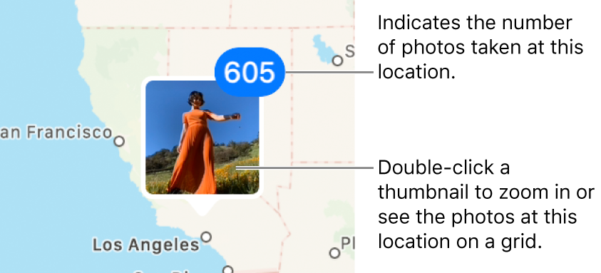 Thumbnails of photos located on a map.