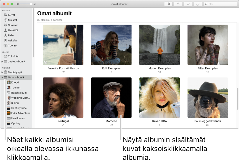 Kuvat-ikkuna, jossa Omat albumit on valittuna, ja luomasi albumit näkyvät ikkunassa oikealla.