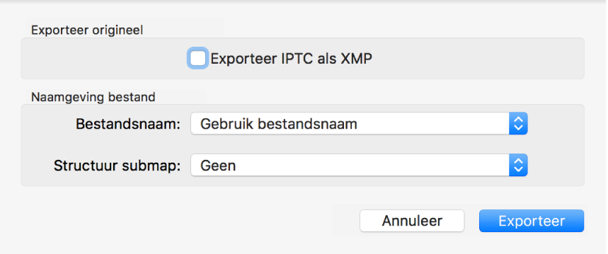 Een dialoogvenster met opties voor het exporteren van fotobestanden in de originele structuur.