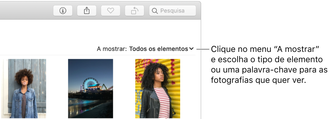 O menu pop-up “A mostrar” definido para mostrar todos os elementos.