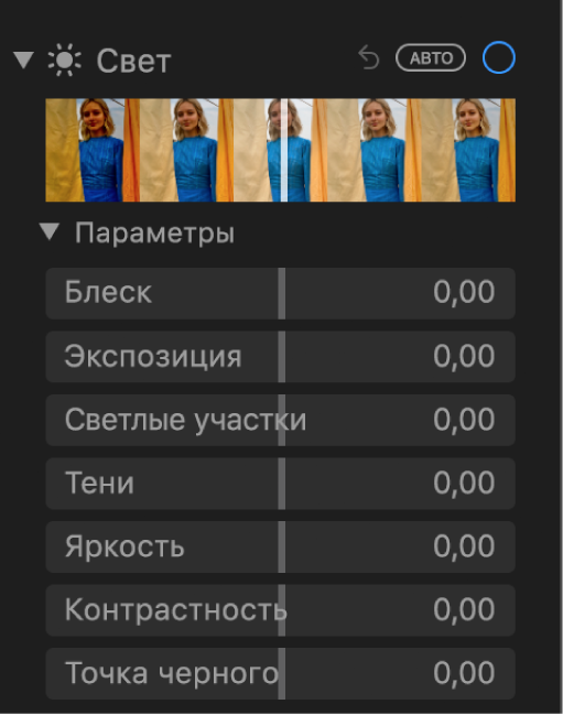 Область «Свет» панели «Коррекция» с бегунками «Осветление», «Экспозиция», «Светлые участки», «Тени», «Яркость», «Контрастность» и «Точка черного».
