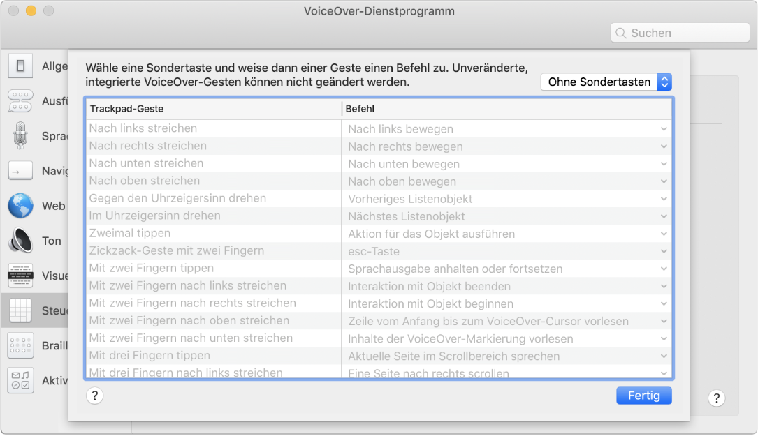 Eine Liste von VoiceOver-Gesten und entsprechenden Befehlen in der Trackpad-Steuerung im VoiceOver-Dienstprogramm