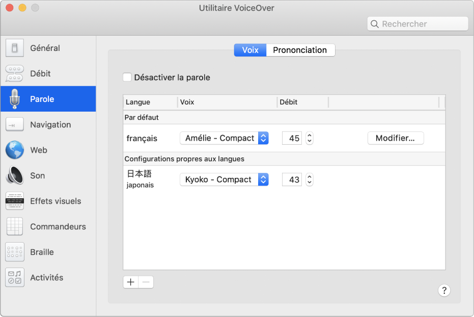 Sous-fenêtre Voix d’Utilitaire VoiceOver affichant des réglages de voix pour l’anglais, le français et le japonais.