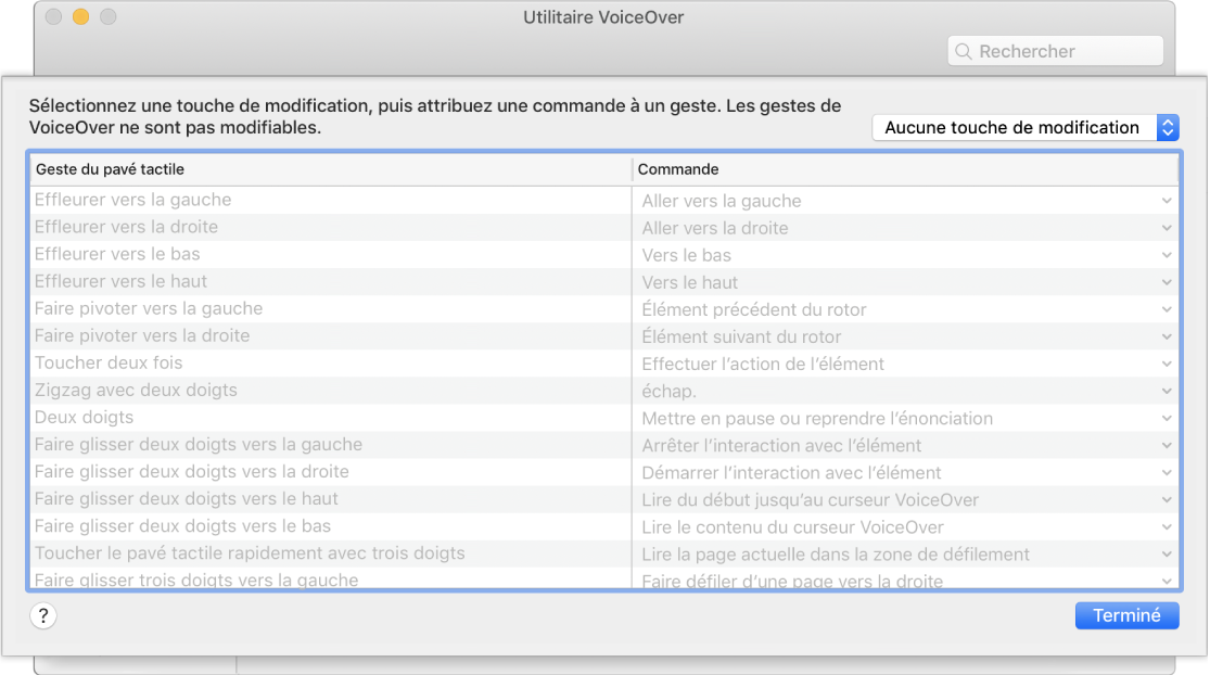 Liste des gestes VoiceOver et des commandes correspondantes affichée dans le commandeur Pavé tactile d’Utilitaire VoiceOver.