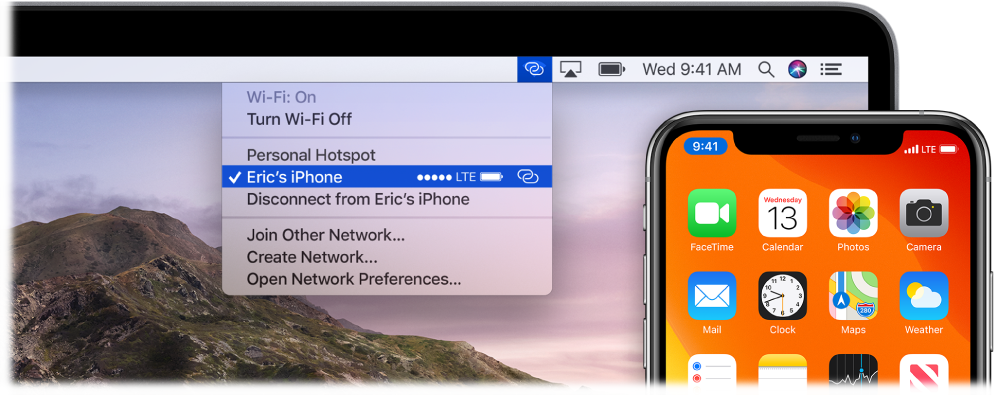 A Mac screen with the Wi-Fi menu showing a Personal Hotspot connected to an iPhone.