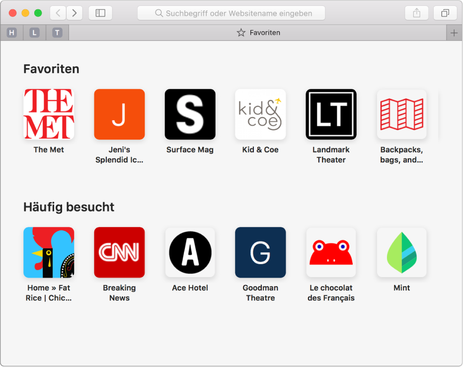 Die Startseite von Safari mit favorisierten und häufig besuchten Websites.