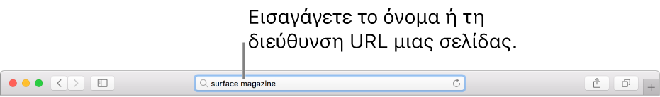 Το Έξυπνο πεδίο αναζήτησης του Safari όπου μπορείτε να εισαγάγετε το όνομα ή τη διεύθυνση URL μιας σελίδας.