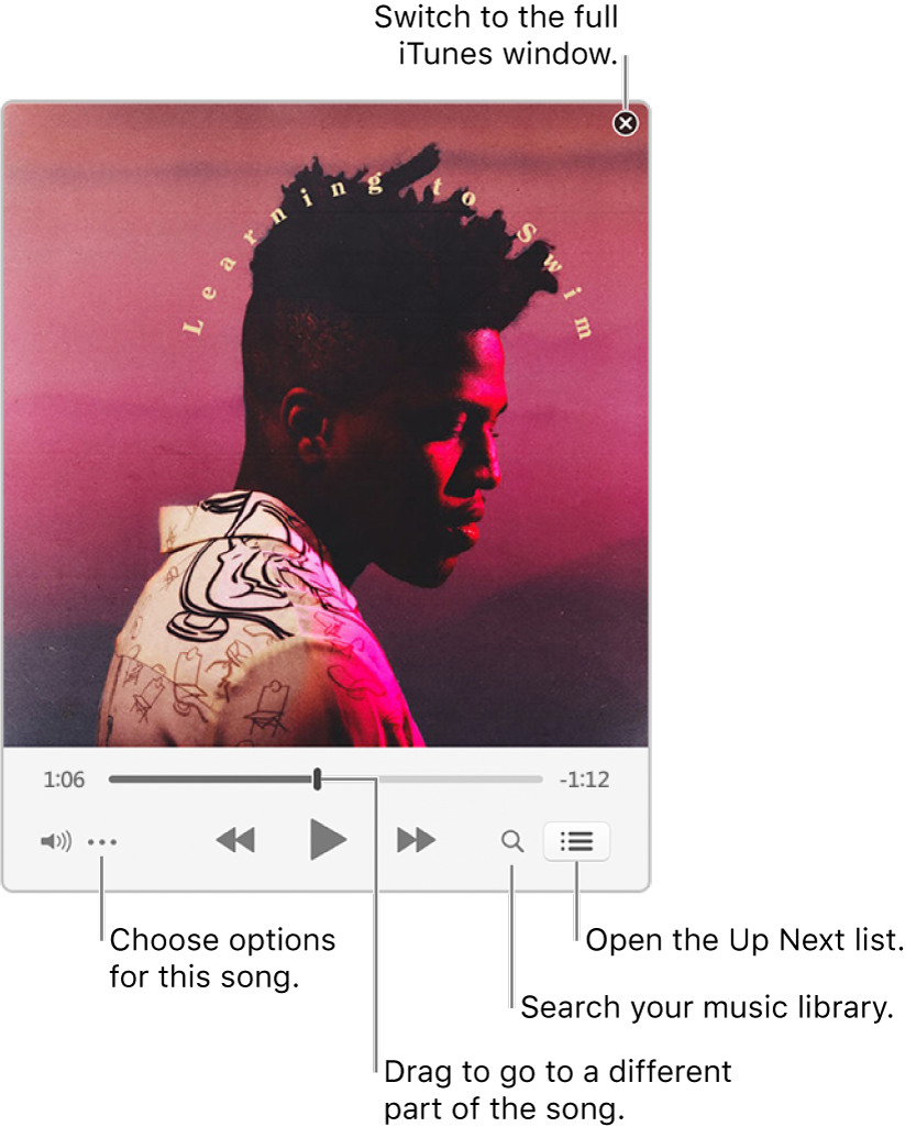 Expanded MiniPlayer showing the controls for the song that’s playing. In the upper-right corner is the close button, used to switch to the full iTunes window. In the bottom of the window is a slider that you can drag to go to a different part of the song. Under the slider on the left side is the More button, where you can choose view options and other options for the song that’s playing. On the far right under the slider are two buttons—the magnifying glass to search the music library, and the Up Next list to see what’s playing next.