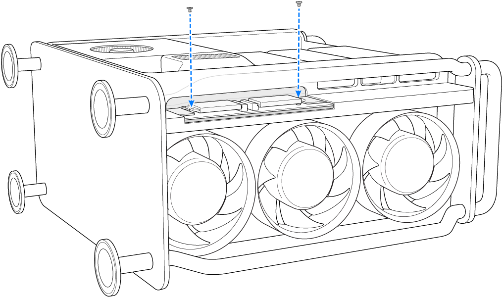 Se muestra cómo se instalan dos tornillos en una Mac Pro colocada sobre un lado.