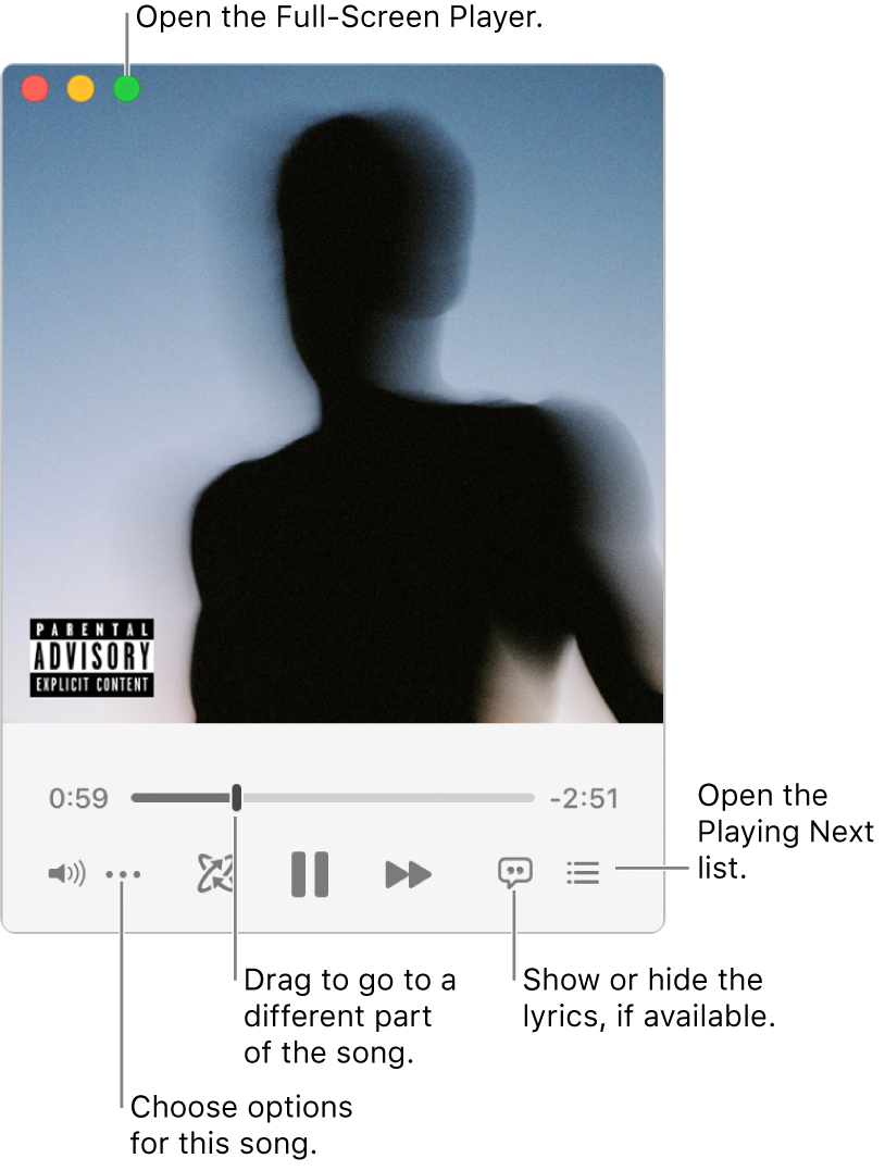 Expanded Mini Player showing the controls for the song that’s playing. In the top-left corner is the close button, used to switch to the full Music window. In the bottom of the window is a slider that you can drag to go to a different part of the song. Under the slider on the left side is the More button, where you can choose view options and other options for the song that’s playing. On the far right under the slider are two buttons — the magnifying glass to search the music library, and the Playing Next button list to see what’s playing next.