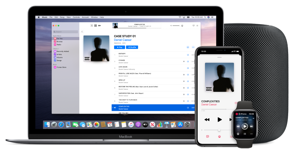 A song playing on a Mac, iPhone, and Apple Watch, with a HomePod.